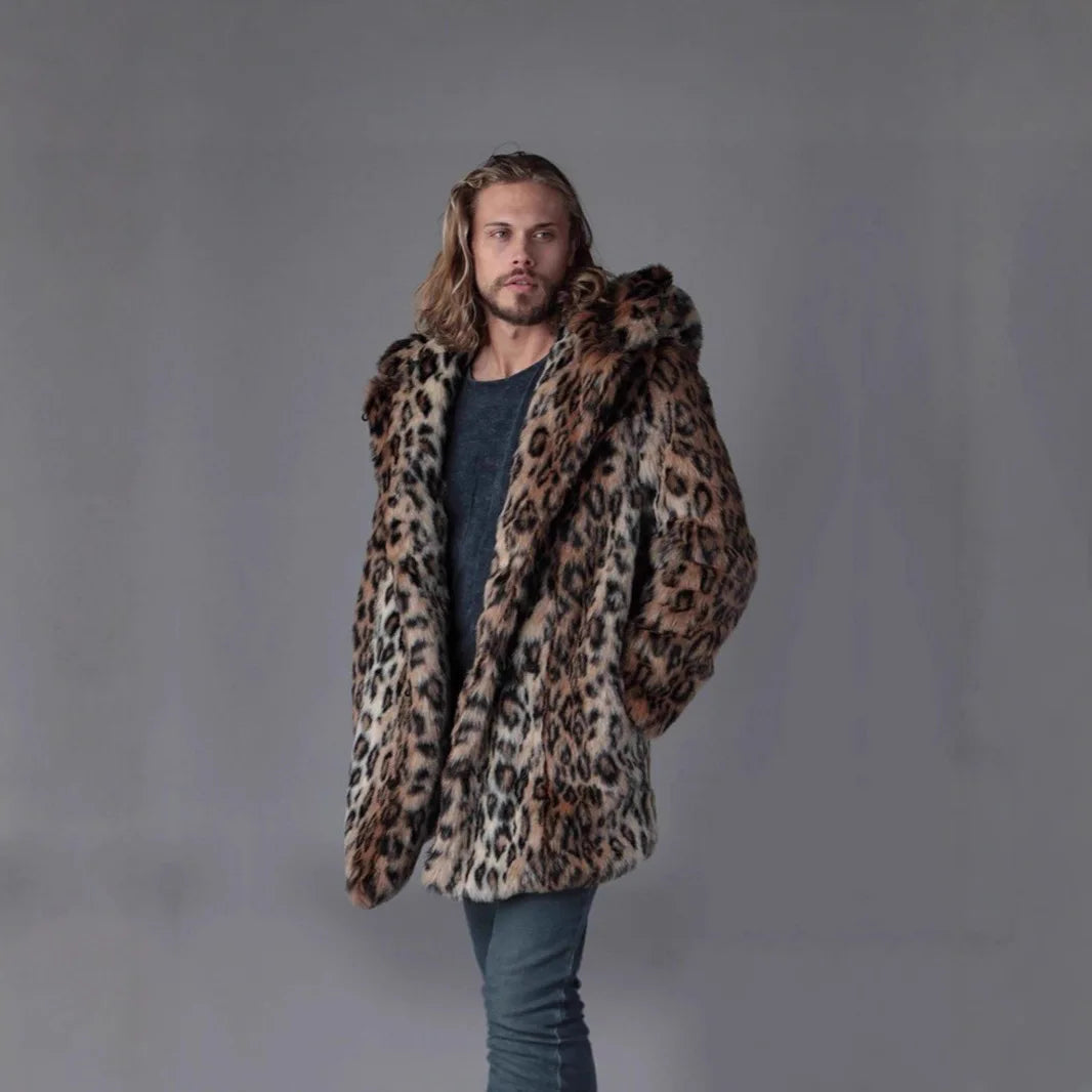 Men Faux Fur Jacket Winter Coat Thick Hooded Leopard Print Mid Length Warm Ears - View 4