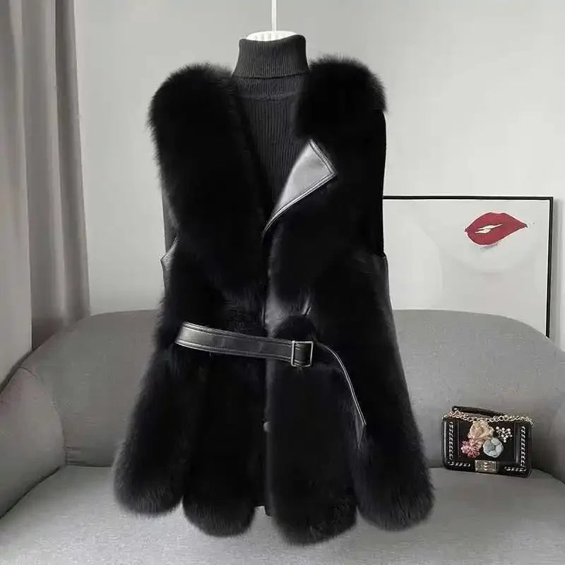 Thick Faux Fur Vest Jacket for Women Warm Colorblock Winter Maxi Coat Luxury Sle - Detail View