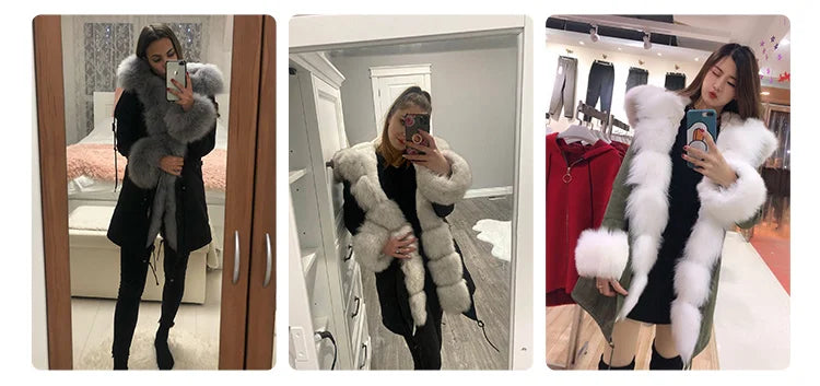MAOMAOKONG 2024 Winter Women Coat Natural Fox Fur Collar Cuff Black Jackets Outw - View 11