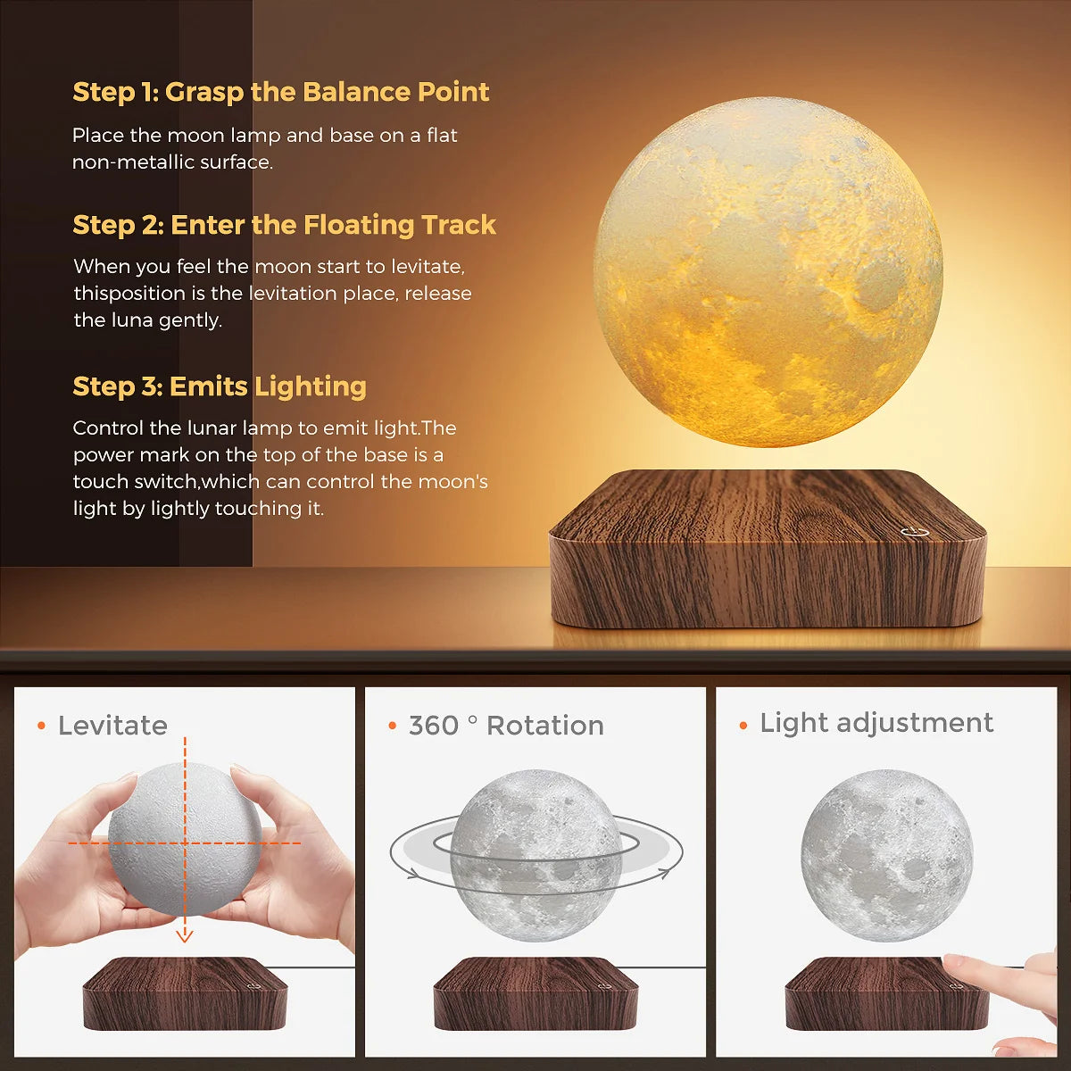 Magnetic Floating Rotating Moon Lamp with Wooden Base, 3 Color Temperature LED N - Detail View