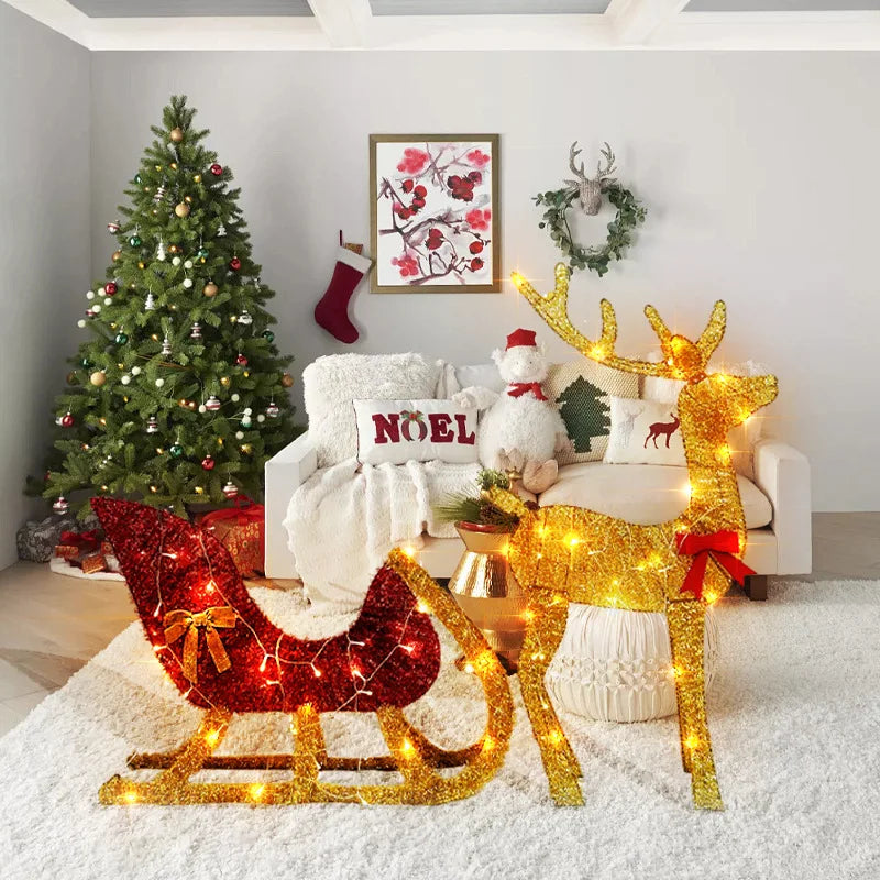 Christmas Reindeer and Sleigh Decoration With LED Light Glowing Glitte - Side View