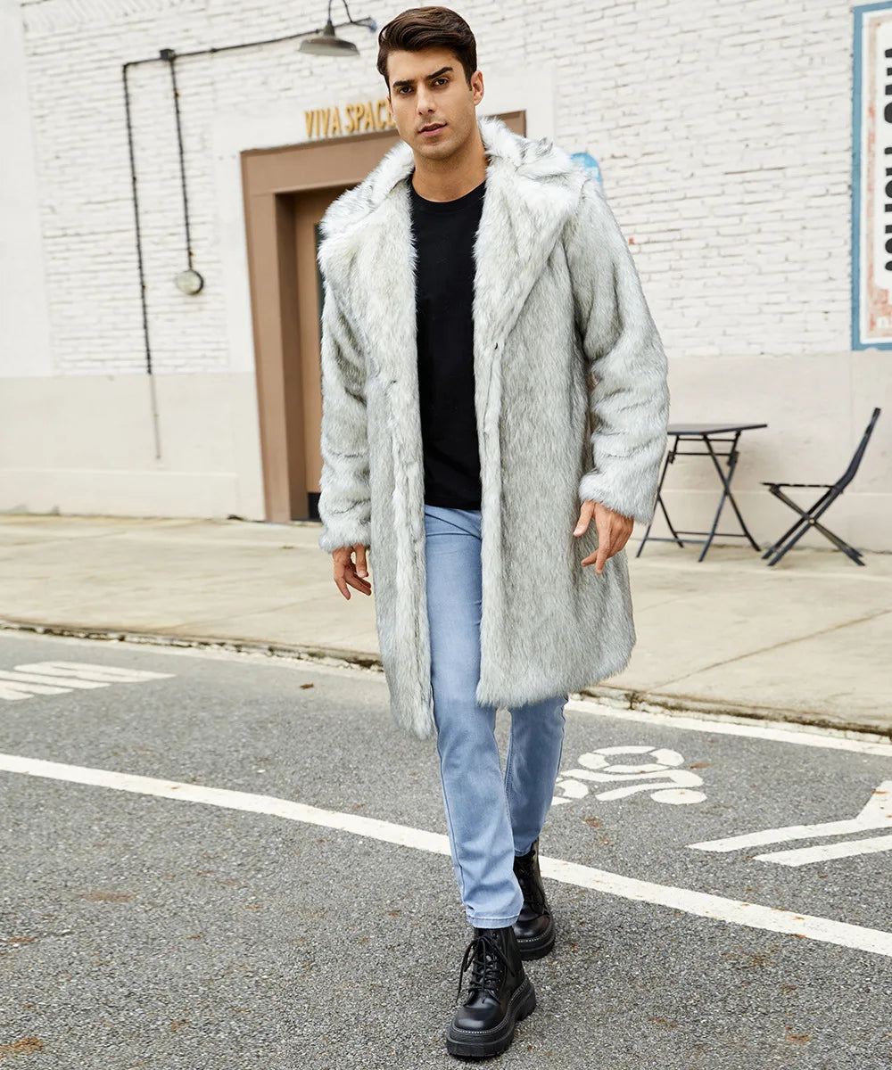 Men Long Faux Fur Coat Jacket Thick Warm Coats Turn Down Collar Full Sleeve Spli - View 15