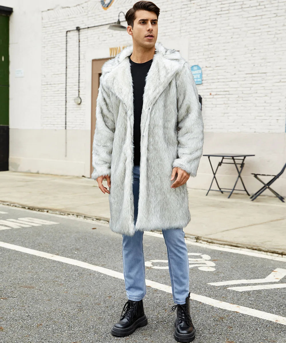 Men Long Faux Fur Coat Jacket Thick Warm Coats Turn Down Collar Full Sleeve Spli - View 14