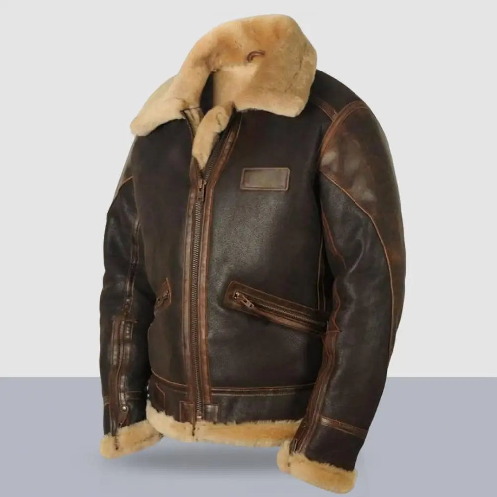 Men Jacket Plush Lining Fur Collar Men's Leather Jackets Thickened Windproof PLu - Detail View