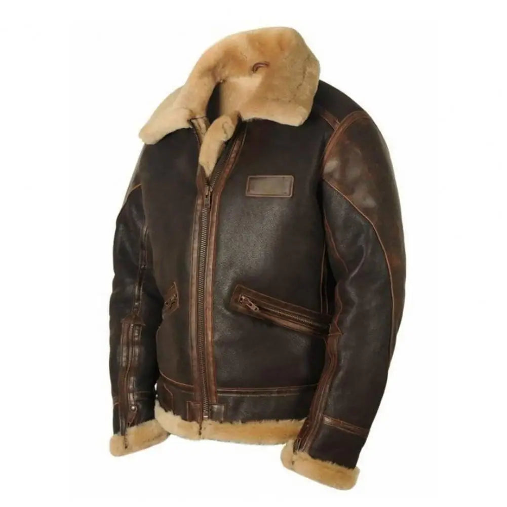 Men Jacket Plush Lining Fur Collar Men's Leather Jackets Thickened Windproof PLu - Back View