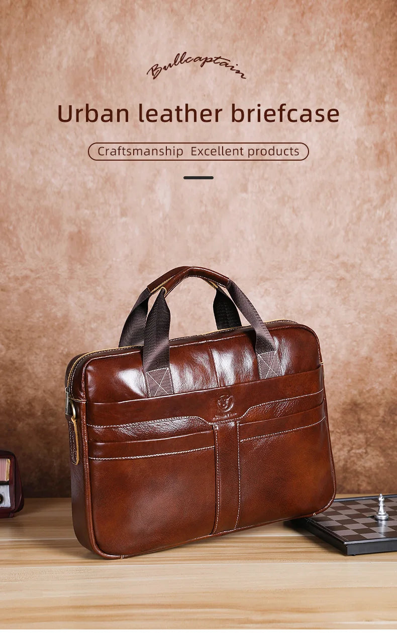 BULLCAPTAIN Leather Laptop Bag, Top Layer Leather 15" Laptop Bag Men's - Lifestyle View