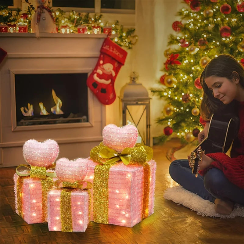 3pcs Christmas Gift Box Christmas Decor Luminous Bow Holi... - Lifestyle Image
