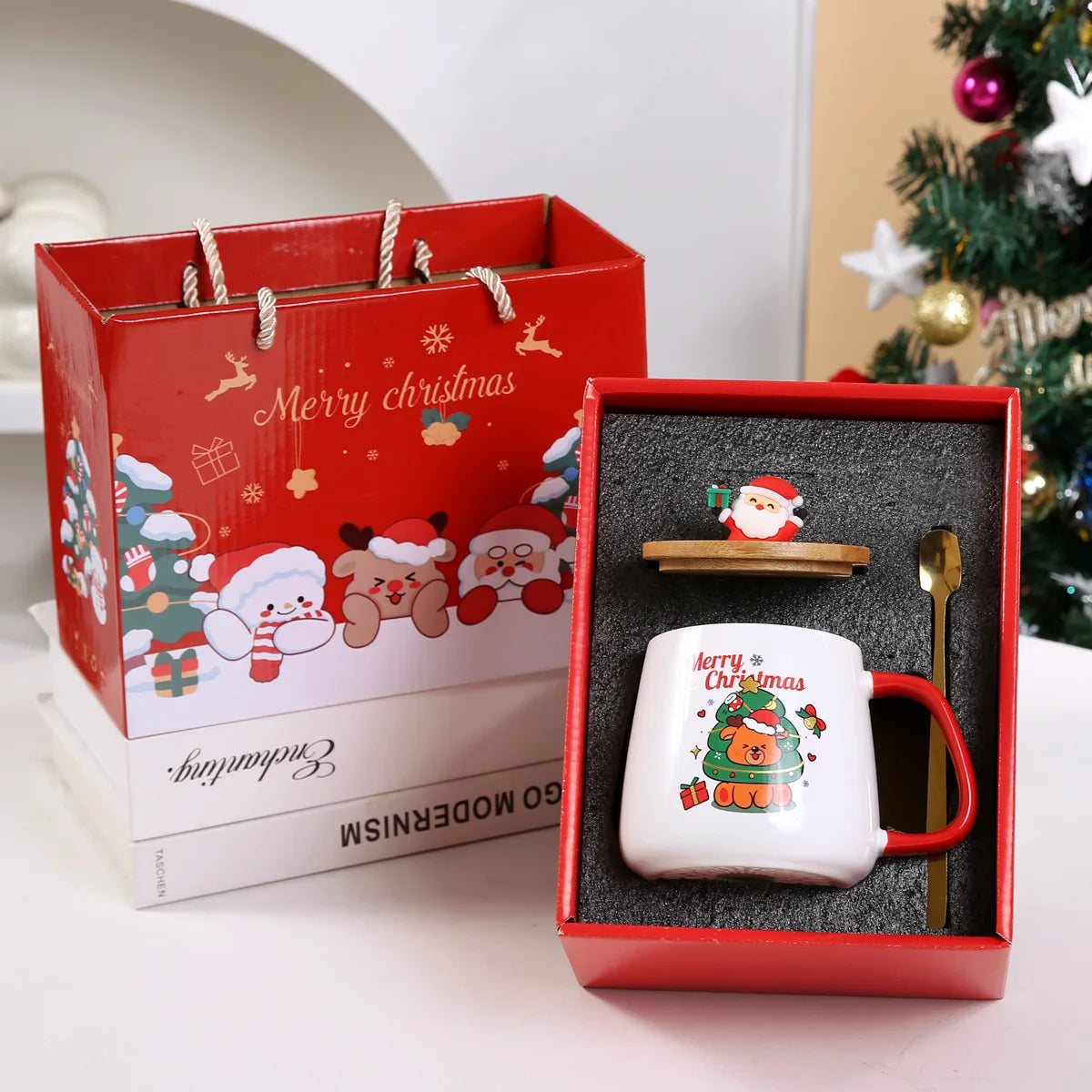 New Merry Christmas Gifts Kit Wooden Lid Santa Claus Pattern Ceramic Mug Snowman - View 20