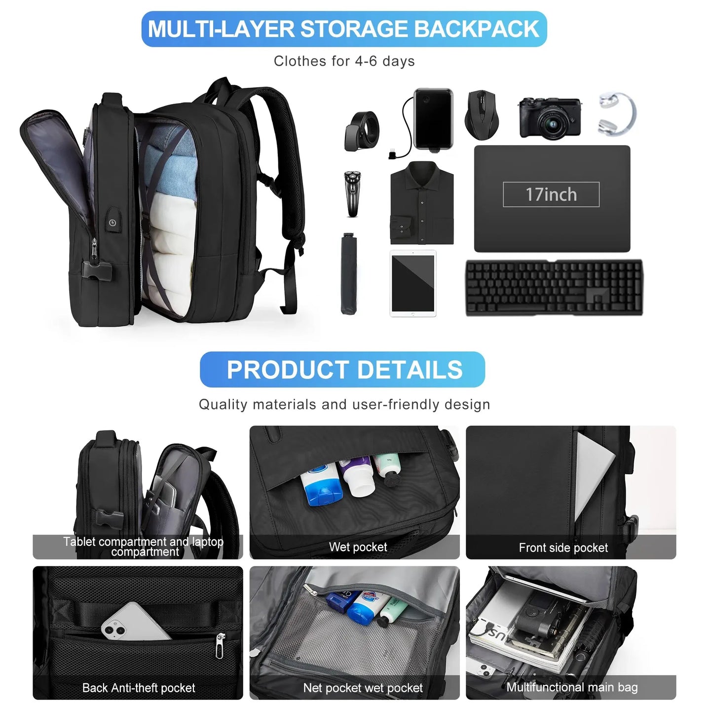 Likros Men Backpack Business Travel Backpack Carry on Waterproof Expandable Back - Side View