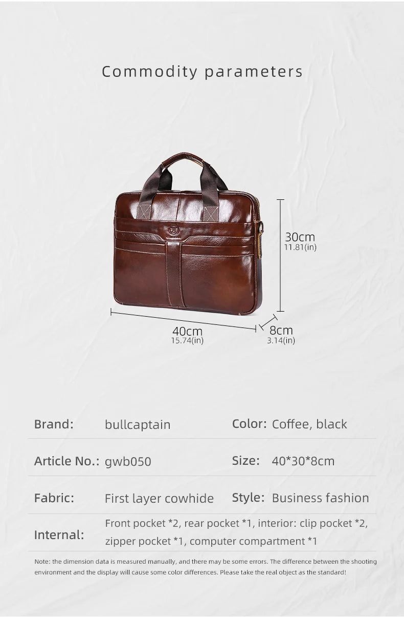 BULLCAPTAIN Leather Laptop Bag, Top Layer Leather 15" Laptop Bag Men's - Material Detail