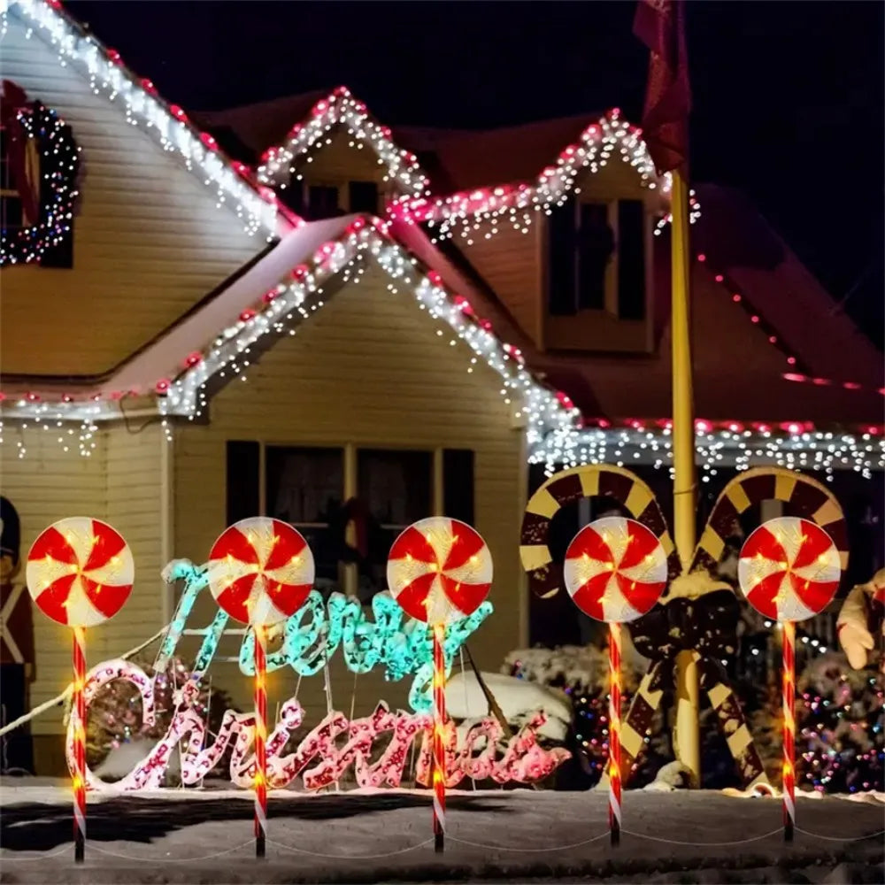 Solar-powered Christmas tree candy ground lights, holiday lawn scene decorations - Detail View