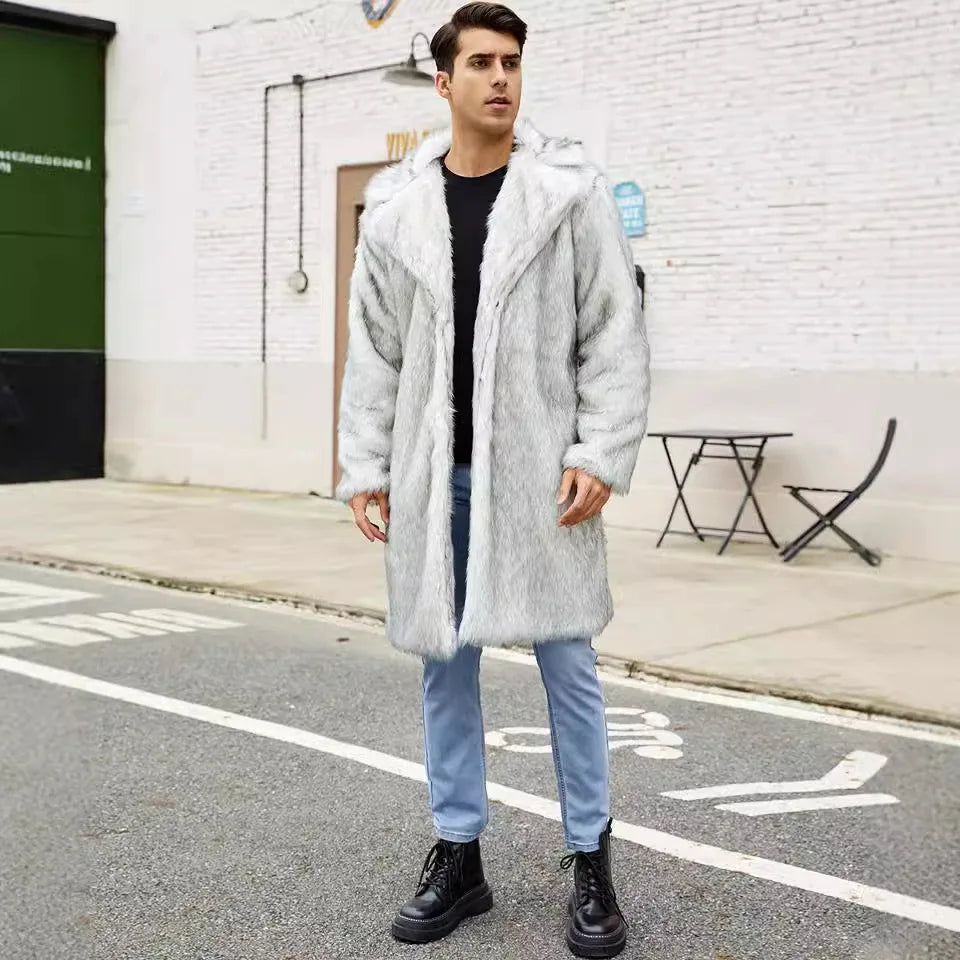 Men Long Faux Fur Coat Jacket Thick Warm Coats Turn Down Collar Full Sleeve Spli - Detail View