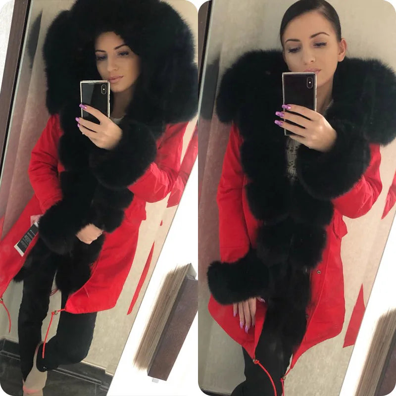 MAOMAOKONG 2024 Winter Women Coat Natural Fox Fur Collar Cuff Black Jackets Outw - View 103