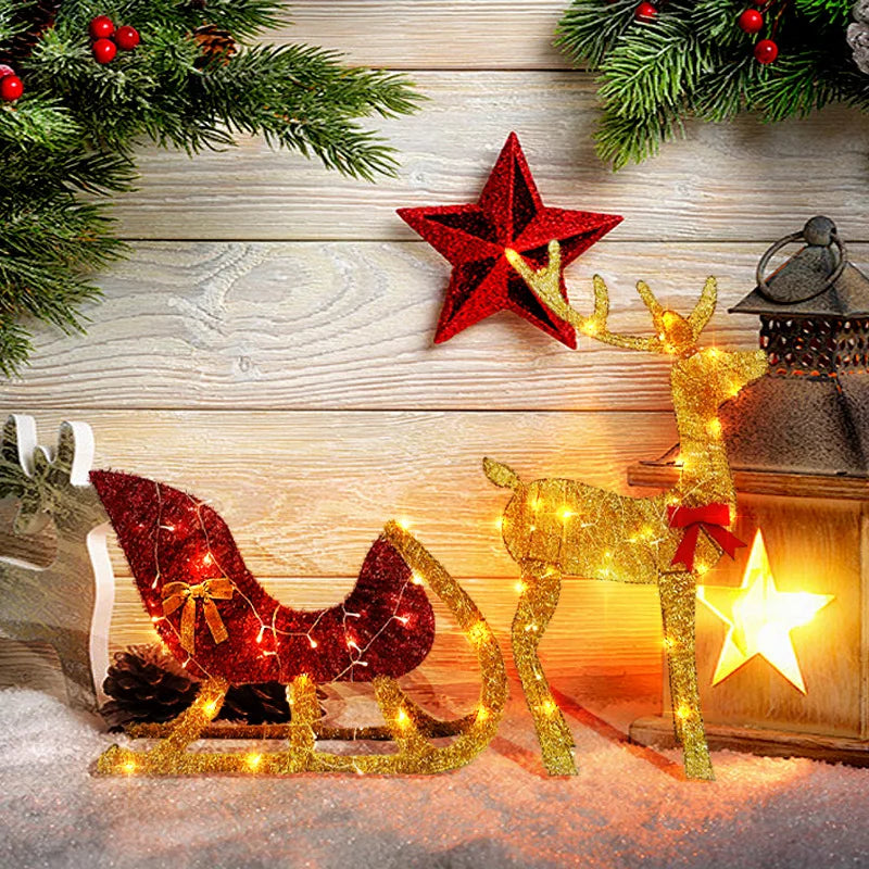Christmas Reindeer and Sleigh Decoration With LED Light Glowing Glitte - Detail View