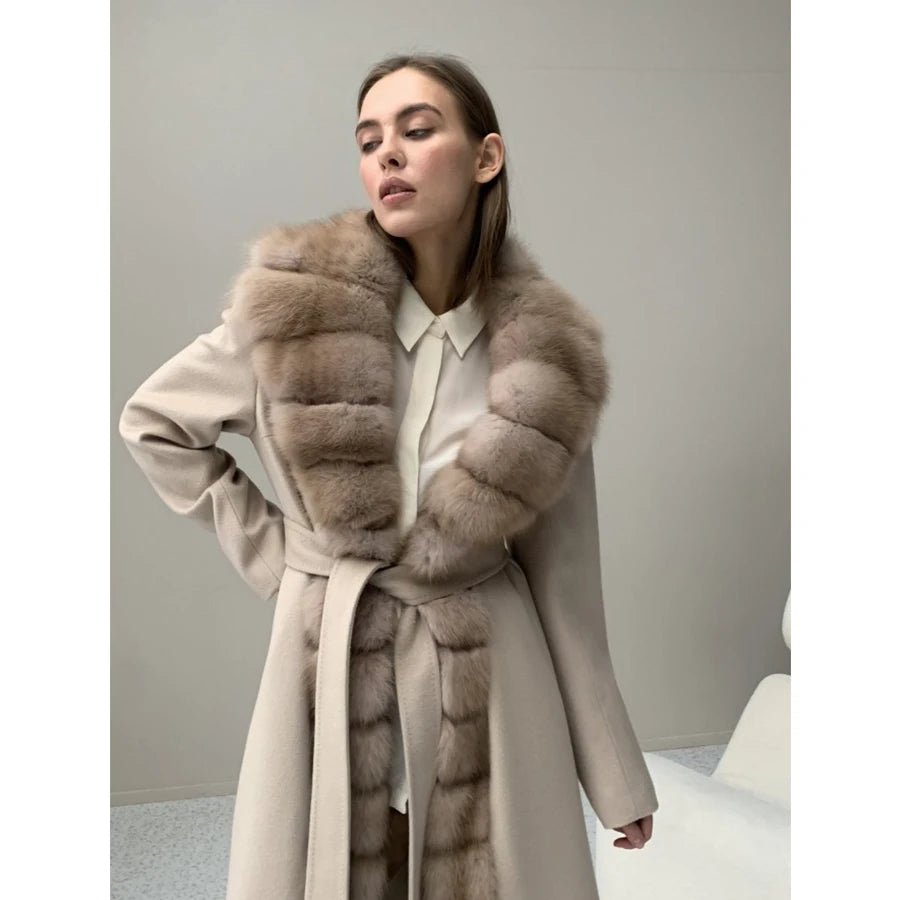 Winter New Cashmere Wool Coat Natural Fox Fur Warm Winter Jackets Fur Coat Women - Side View