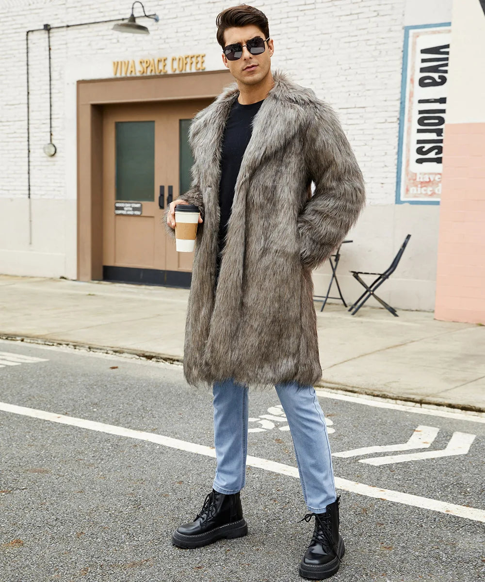 Men Long Faux Fur Coat Jacket Thick Warm Coats Turn Down Collar Full Sleeve Spli - View 12
