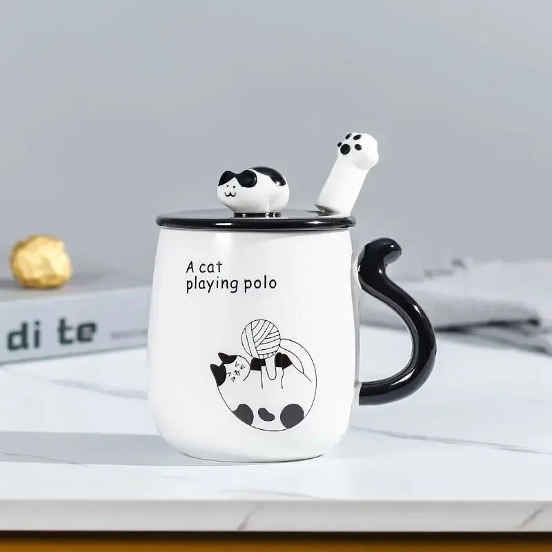Cartoon Cat Ceramic Mug, Birthday Gift Cute Coffee Cup with Lid, Tail - View 23