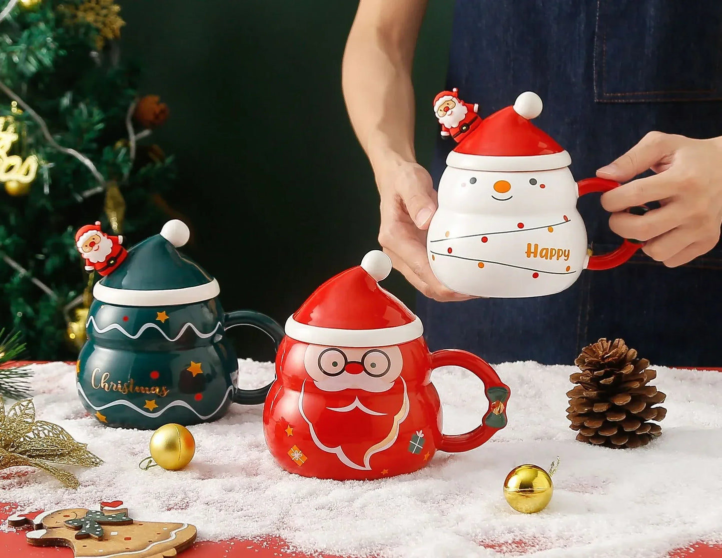 Ceramic Christmas Mug with Lid Spoon Cute Cartoon Coffee Cup New Year - Material Detail