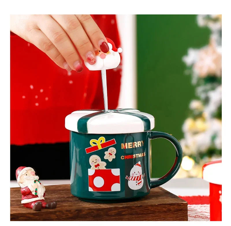 Christmas Mug With Lid and Spoon Santa Claus Ceramic Coffee Cup Elk Sn - Feature Highlight