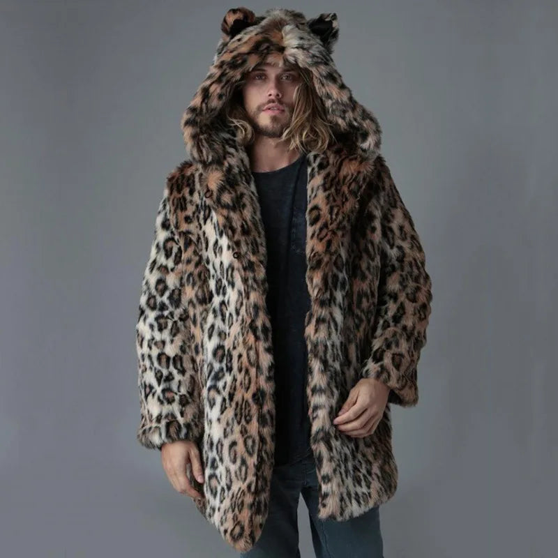 Men Faux Fur Jacket Winter Coat Thick Hooded Leopard Print Mid Length Warm Ears - Main View