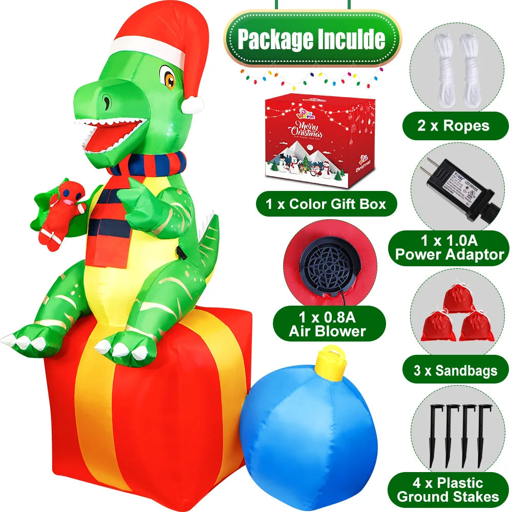 6FT Dinosaur Christmas Inflatables Outdoor Decorations Xmas Blow Up Ya - Close-up View