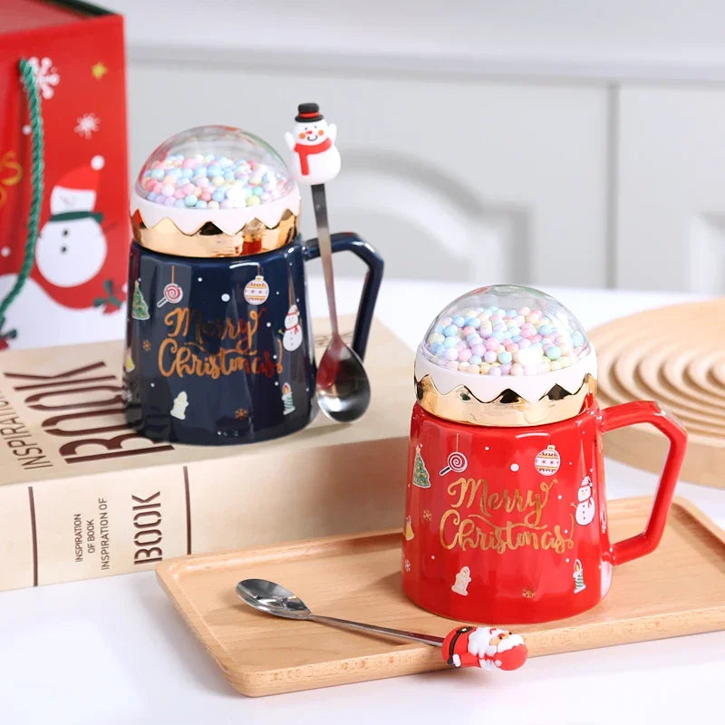 Christmas Mugs with lid and Santa Claus spoon Creative Planet Ceramic - Feature Highlight
