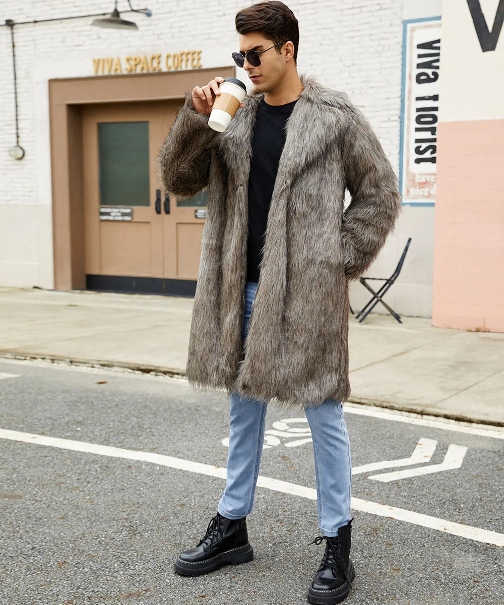 Men Long Faux Fur Coat Jacket Thick Warm Coats Turn Down Collar Full Sleeve Spli - View 9