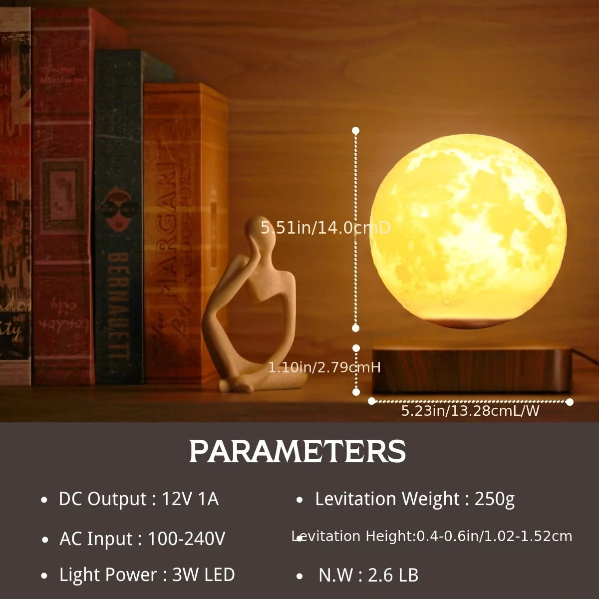 Magnetic Floating Rotating Moon Lamp with Wooden Base, 3 Color Temperature LED N - View 7