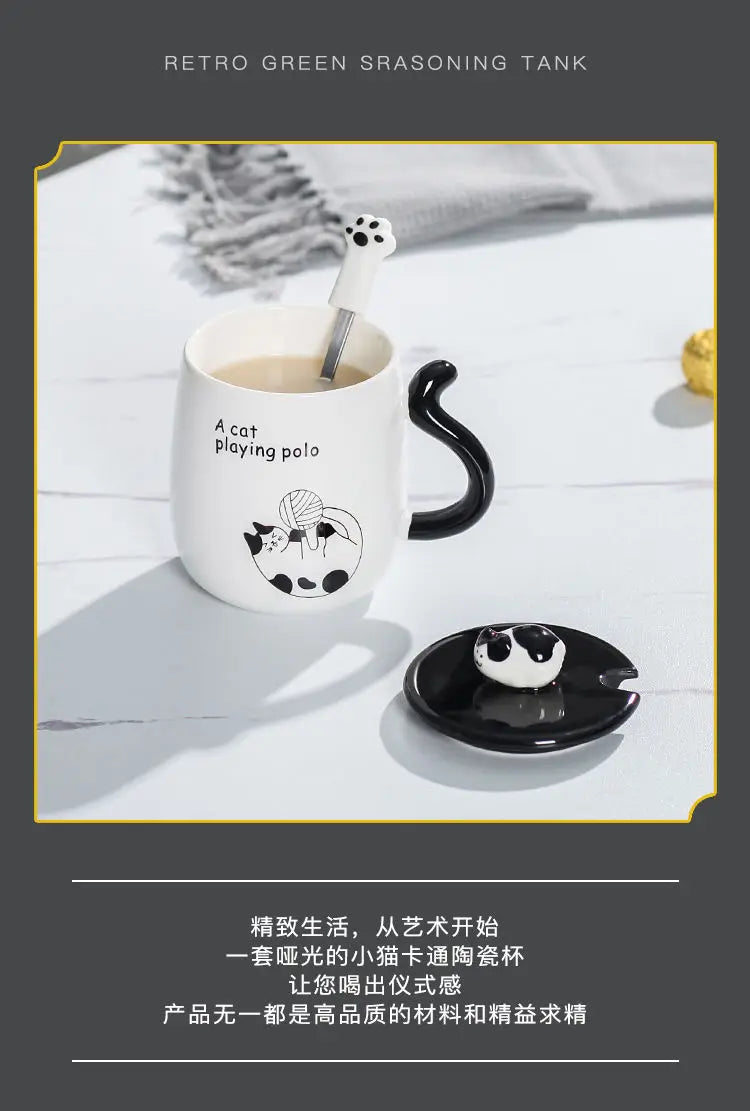 Cartoon Cat Ceramic Mug, Birthday Gift Cute Coffee Cup with Lid, Tail - Alternative Angle