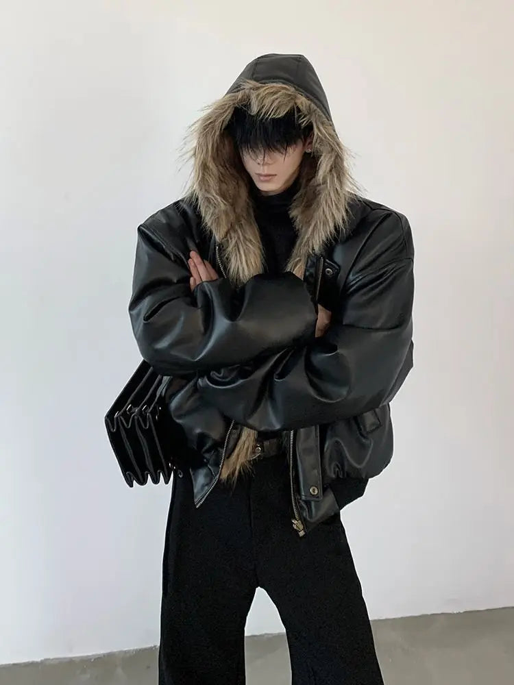 Men Faux Fur Jacket Coat Pu Leather 2025 Winter Thick Warm Outerwear Spliced Hoo - View 13