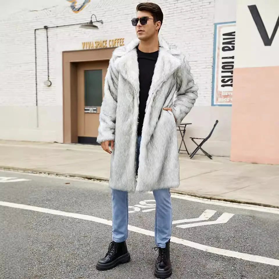 Men Long Faux Fur Coat Jacket Thick Warm Coats Turn Down Collar Full Sleeve Spli - View 4