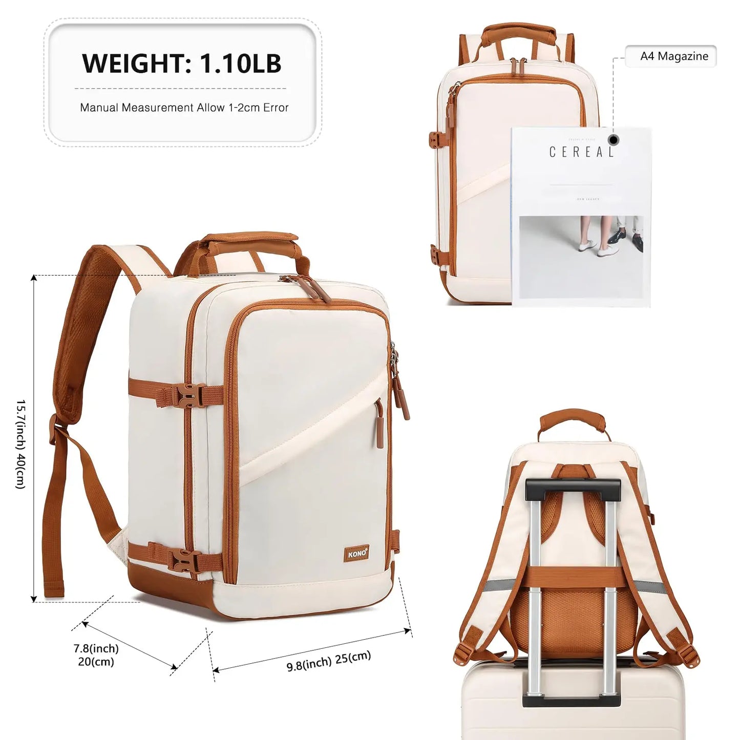 Kono Cabin Bag 40x20x25 for Ryanair Underseat Travel Carry-on Backpack Cabin Siz - Side View