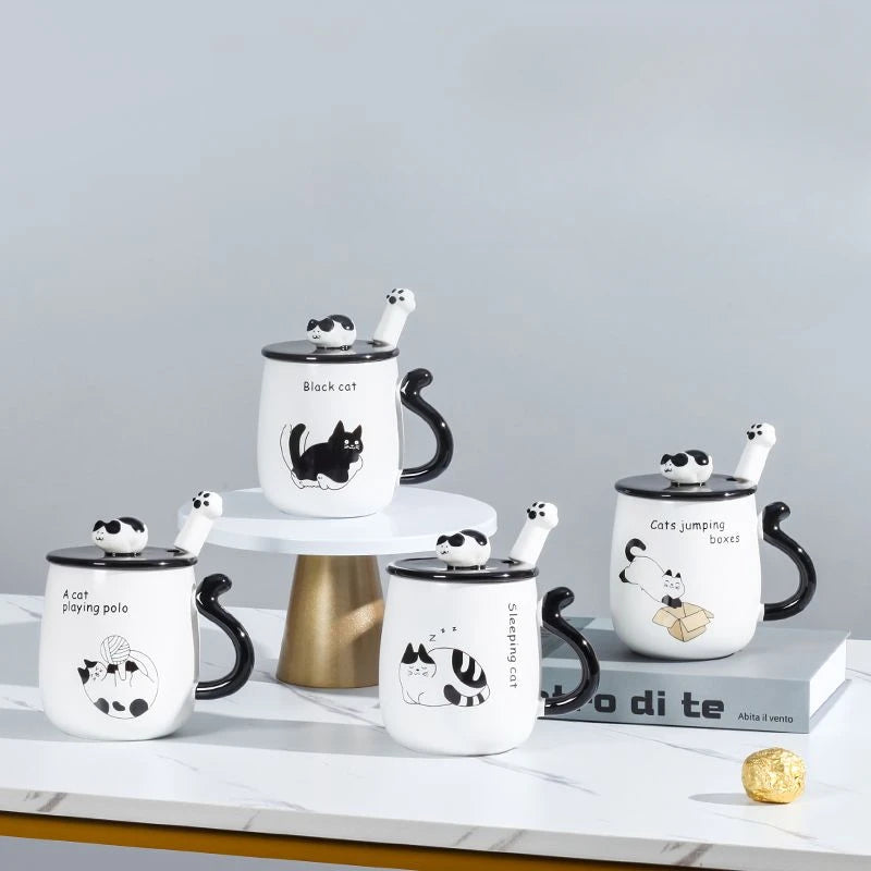 Cartoon Cat Ceramic Mug, Birthday Gift Cute Coffee Cup with Lid, Tail - Close-up View