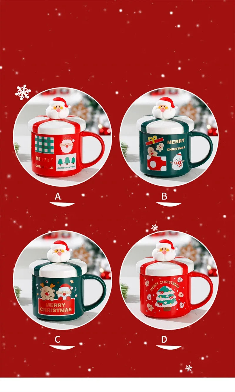 Christmas Mug With Lid and Spoon Santa Claus Ceramic Coffee Cup Elk Sn - Texture Detail