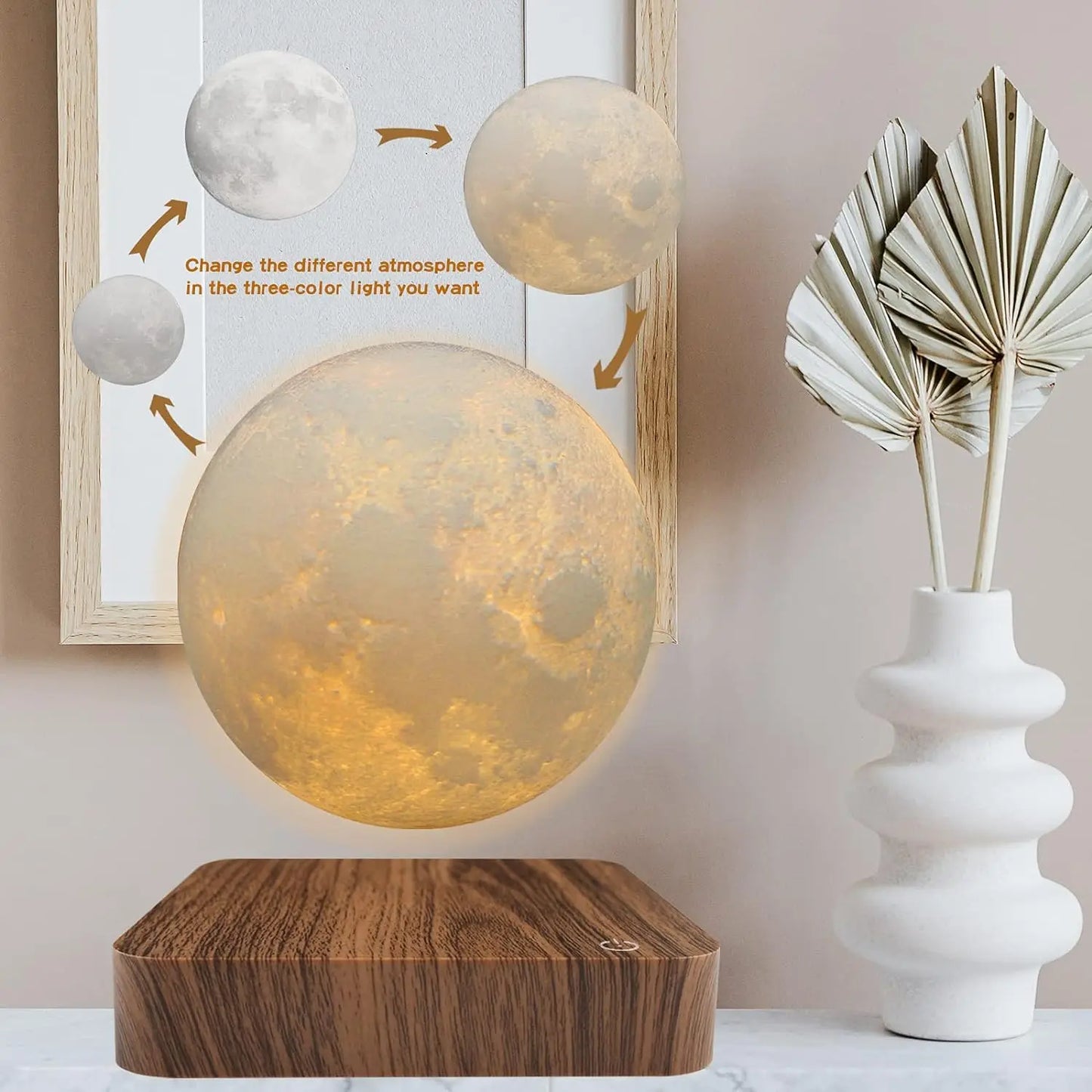 Magnetic Floating Rotating Moon Lamp with Wooden Base, 3 Color Temperature LED N - View 4