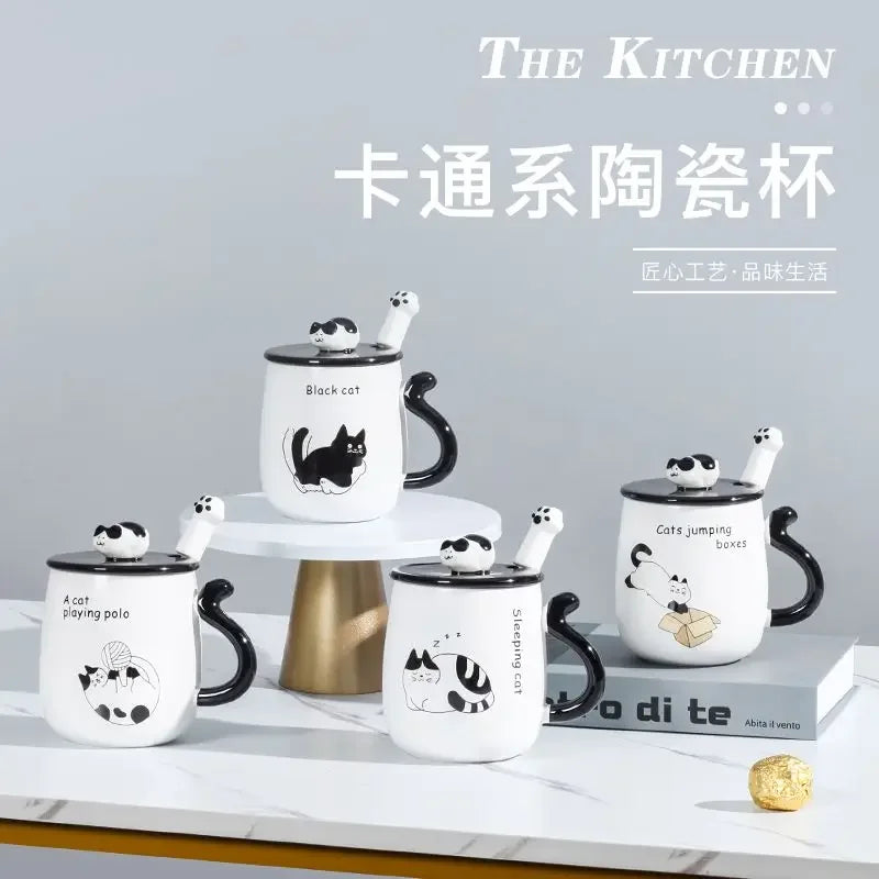 Cartoon Cat Ceramic Mug, Birthday Gift Cute Coffee Cup with Lid, Tail - Interior View