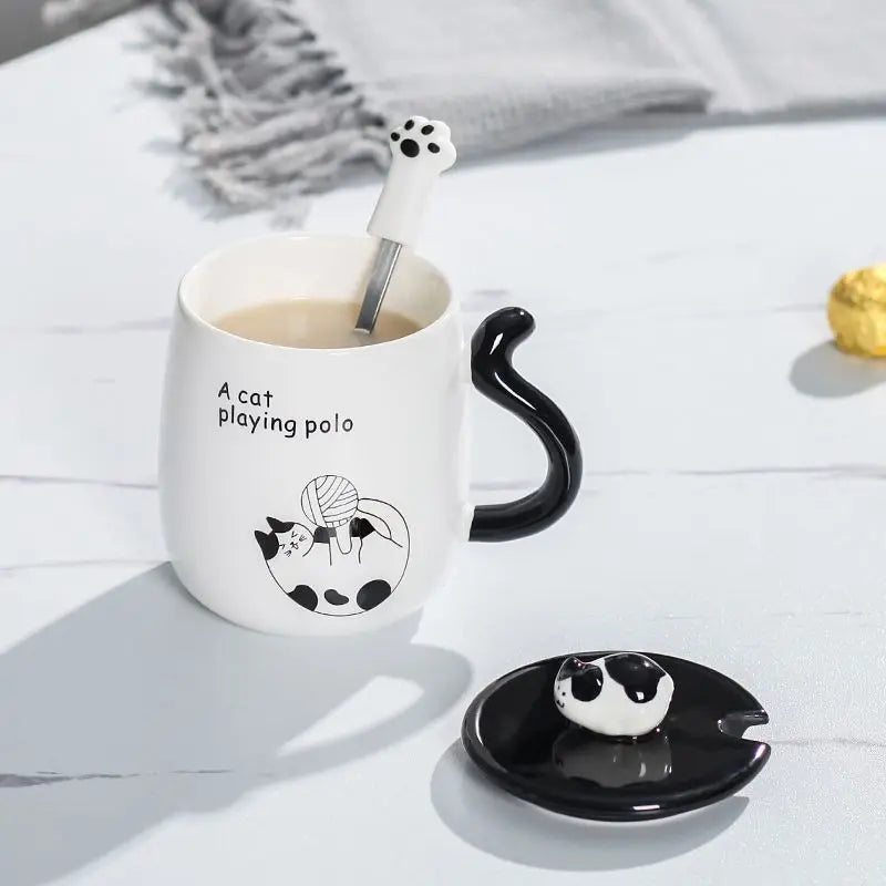 Cartoon Cat Ceramic Mug, Birthday Gift Cute Coffee Cup with Lid, Tail - Side View