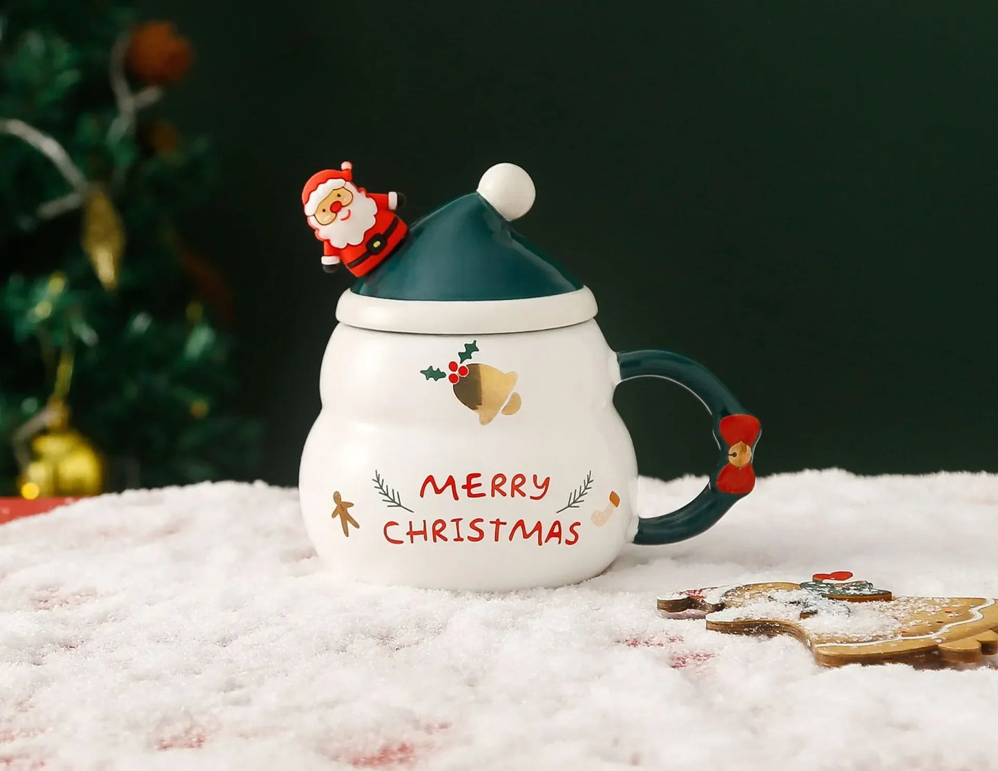 Ceramic Christmas Mug with Lid Spoon Cute Cartoon Coffee Cup New Year - Lifestyle View