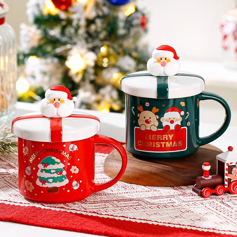Christmas Mug With Lid and Spoon Santa Claus Ceramic Coffee Cup Elk Sn - Front View