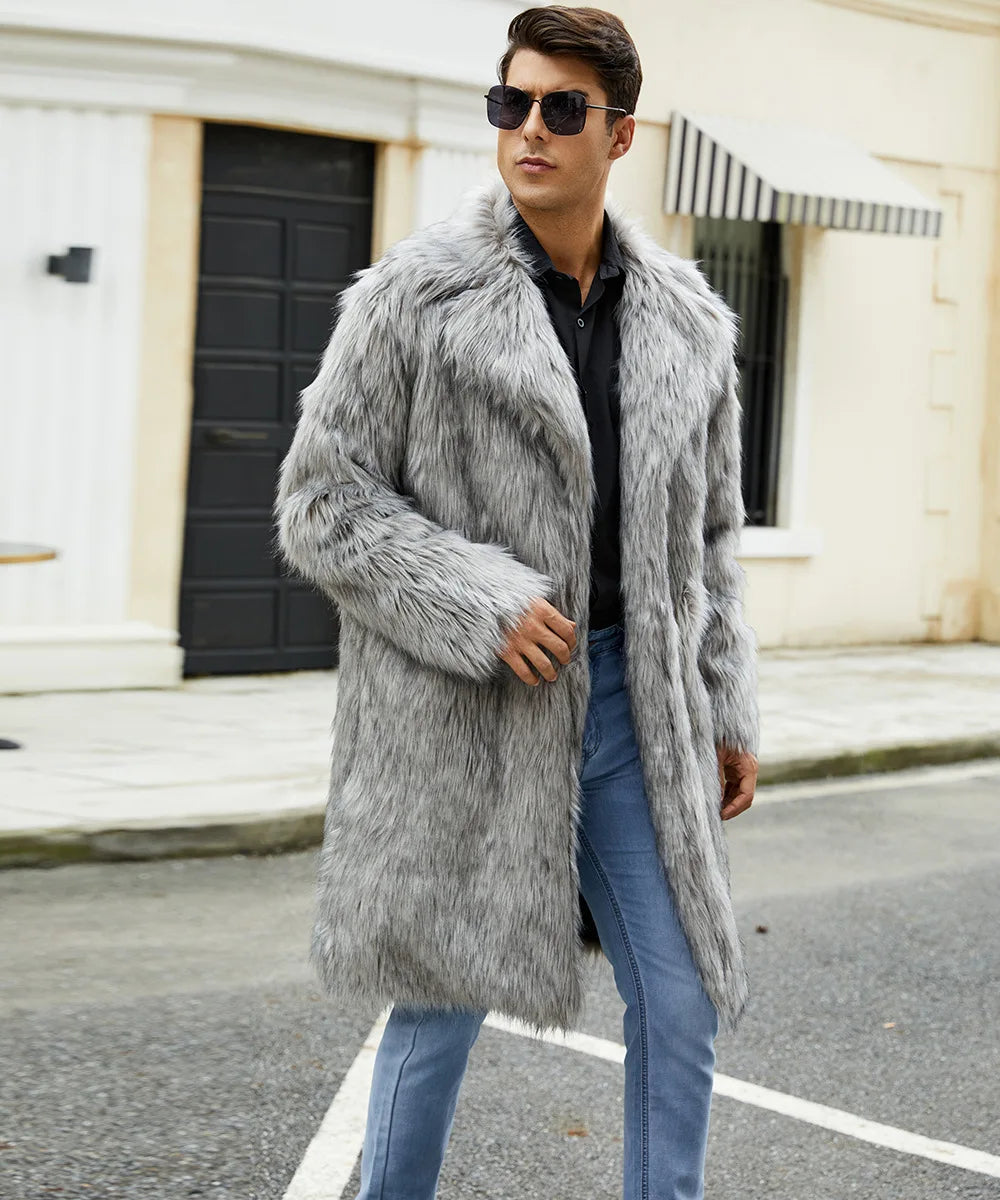 Men Long Faux Fur Coat Jacket Thick Warm Coats Turn Down Collar Full Sleeve Spli - View 21