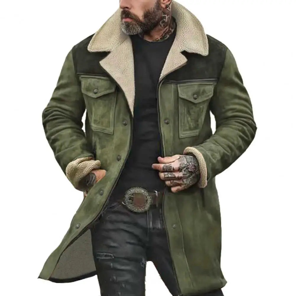 Suede Men Jacket Plush Lamb Wool Lining Lapel Winter Jacket Vintage Sheepskin Sh - Back View