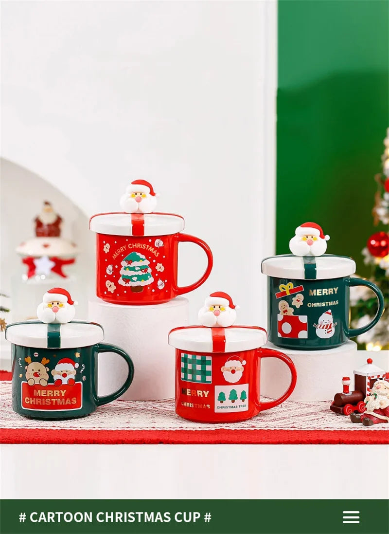 Christmas Mug With Lid and Spoon Santa Claus Ceramic Coffee Cup Elk Sn - Interior View