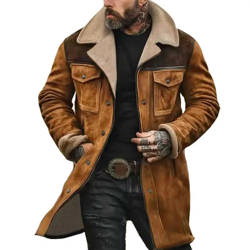 Suede Men Jacket Plush Lamb Wool Lining Lapel Winter Jacket Vintage Sheepskin Sh - View 9