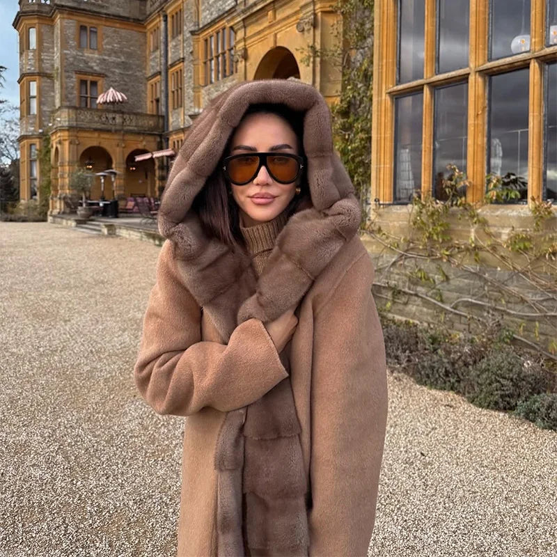 2025 New Fashion Winter Fur Collar Cashmere Wool Jacket Women Belted O - Texture Detail