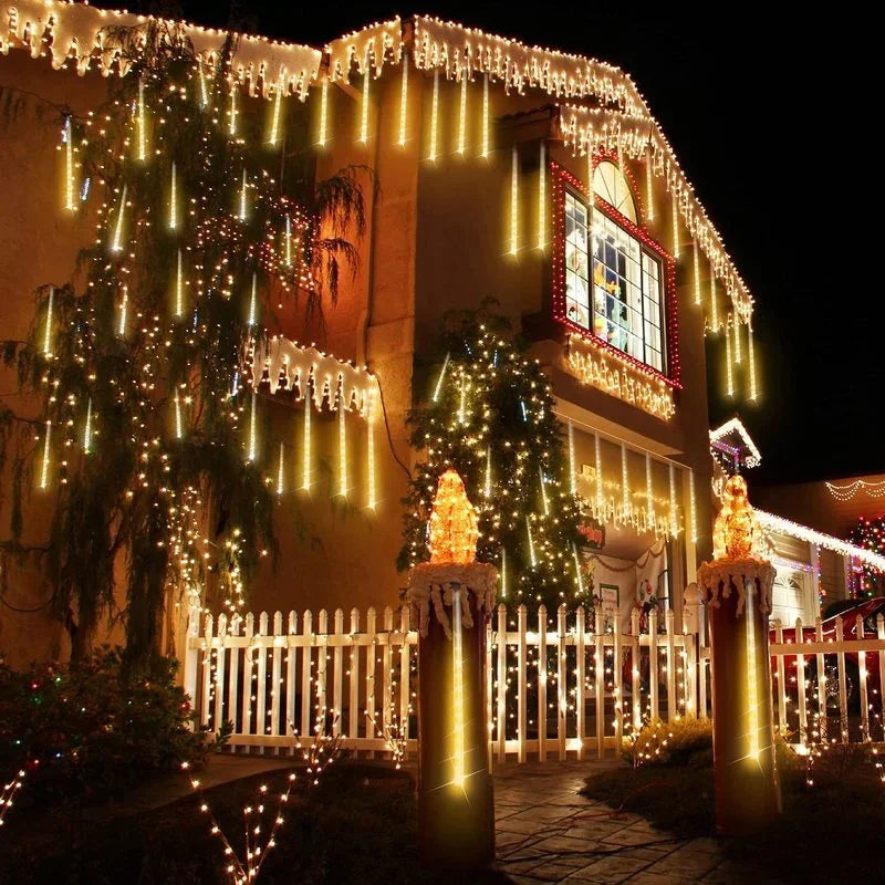 Christmas Lights Outdoor 8 Tubes Meteor Shower Lights LED Snow Falling - Close-up View