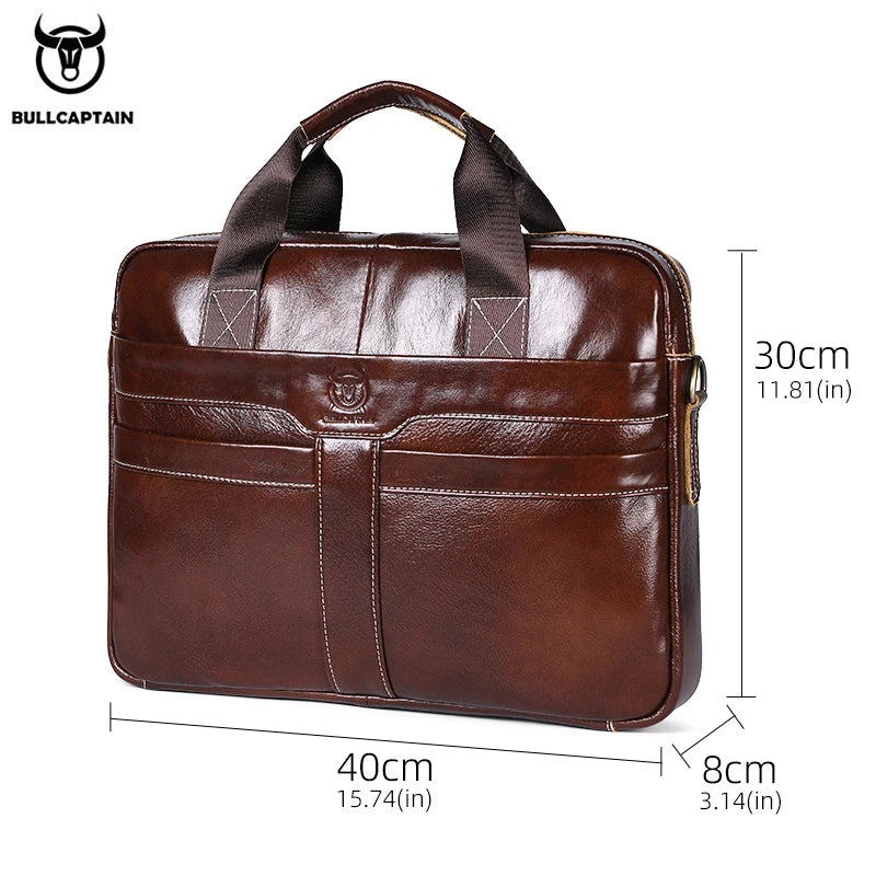 BULLCAPTAIN Leather Laptop Bag, Top Layer Leather 15" Laptop Bag Men's - Close-up View
