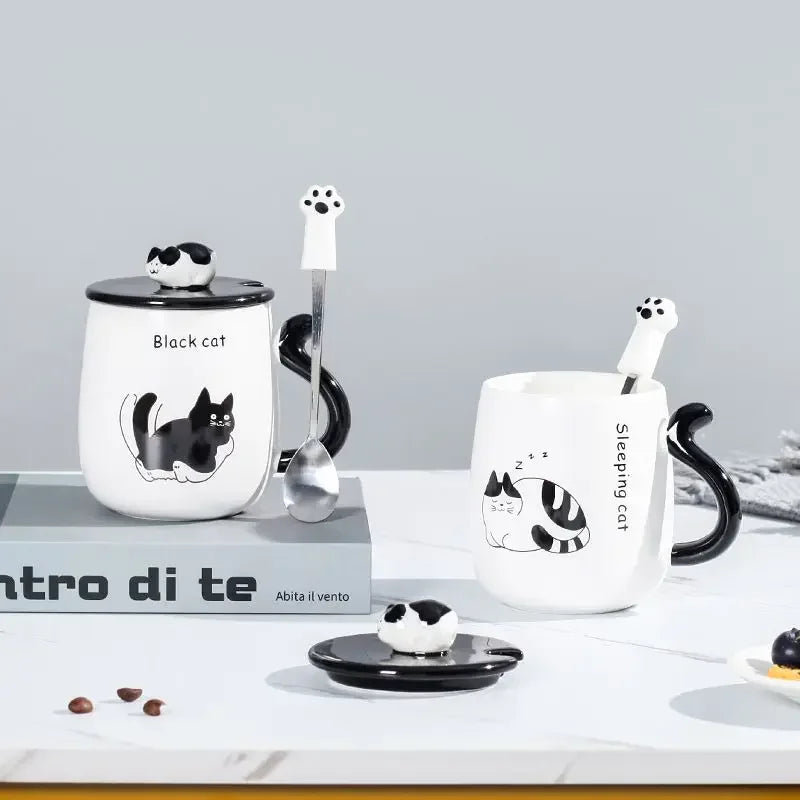 Cartoon Cat Ceramic Mug, Birthday Gift Cute Coffee Cup with Lid, Tail - Detail View