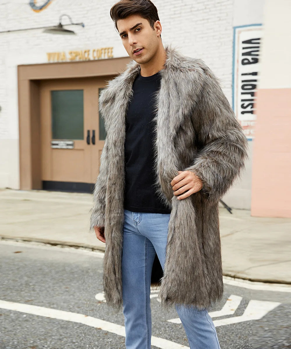 Men Long Faux Fur Coat Jacket Thick Warm Coats Turn Down Collar Full Sleeve Spli - View 11