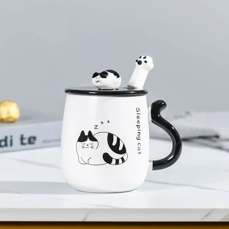 Cartoon Cat Ceramic Mug, Birthday Gift Cute Coffee Cup with Lid, Tail - Packaging View
