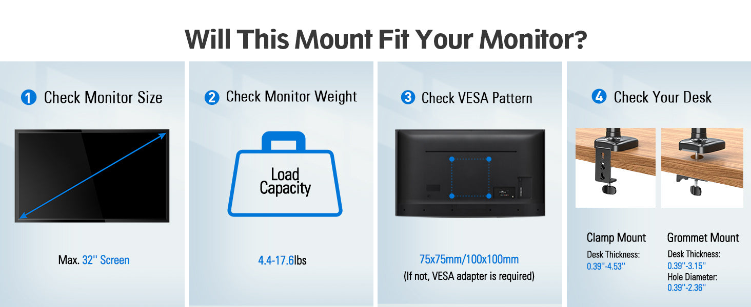Redragon GMK914 Single Monitor Mount Stand Gas Spring Adjustable Arms with VESA 75/100mm, 13-32 Inch Screen Compatibility - Product Image 11